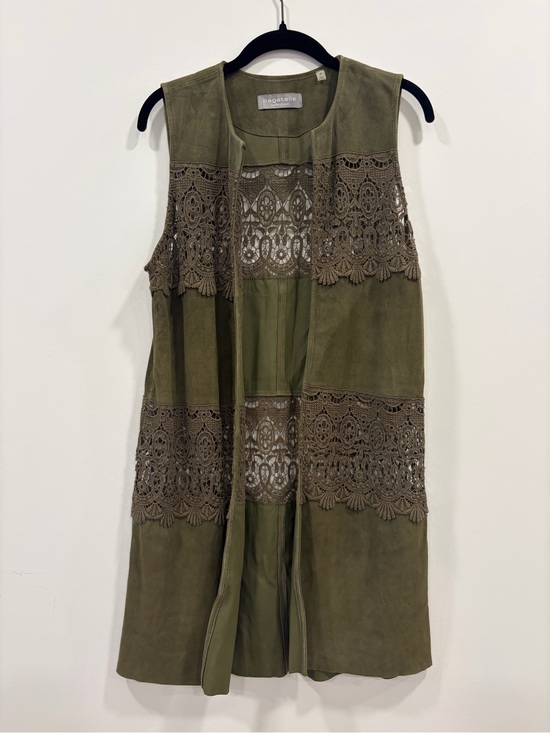 Jackets & Blazers - Bagatelle Collection S Olive Genuine Leather Crochet Lace Long Vest Boho Duster